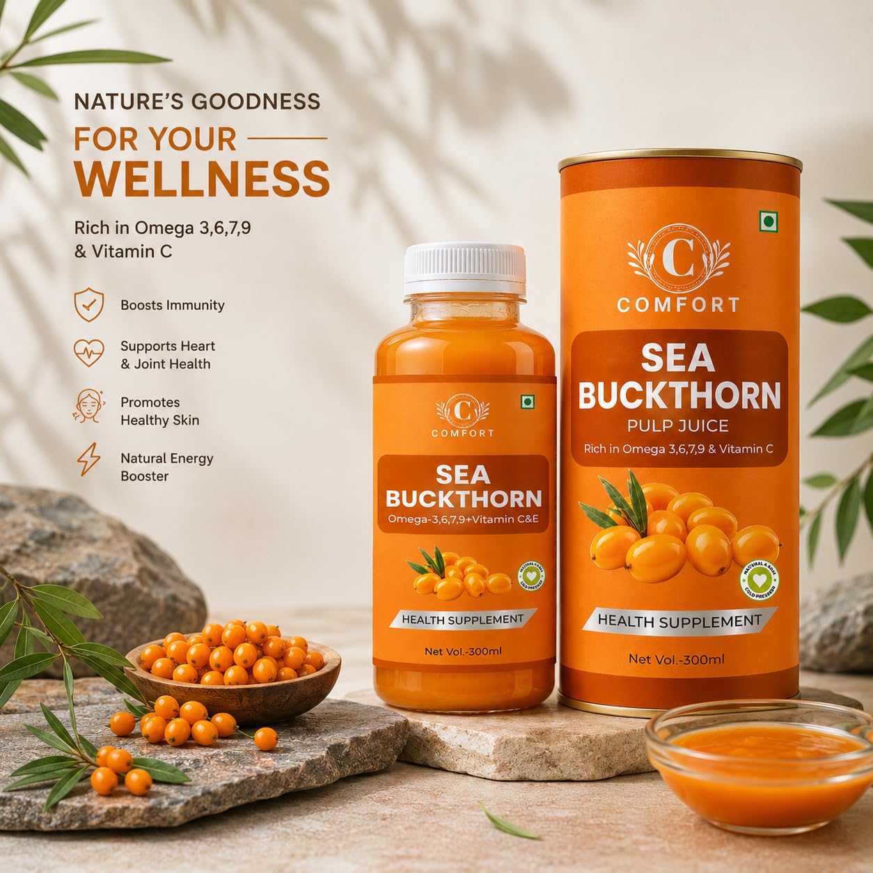 COMFORT Sea Buckthorn Himalayan Pulp,300 ML (PACK OF 1) Concentrate 50 Glasses Made for Your Total Body Care & Wellness Rich 