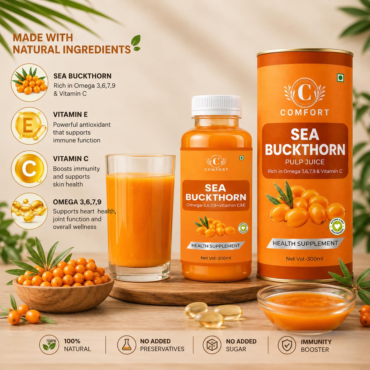 COMFORT Sea Buckthorn Himalayan Pulp,300 ML (PACK OF 1) Concentrate 50 Glasses Made for Your Total Body Care & Wellness Rich 