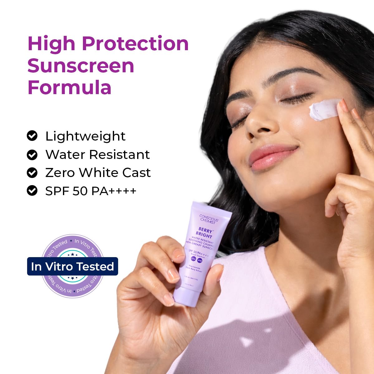 Conscious Chemist Berry Bright SPF 50 PA++++ Water Resistant Face Sunscreen Gel - label detail
