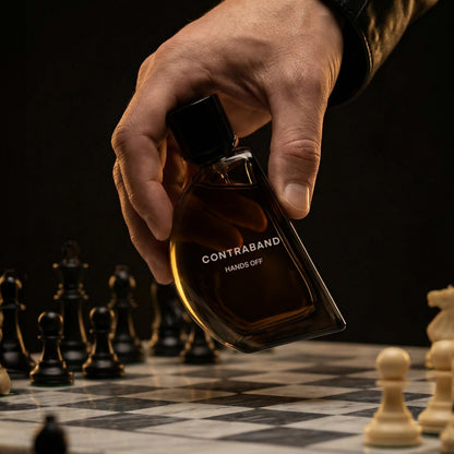 Contraband Hands Off Eau De Parfum for Men, Leather Oud Patchouli & Vanilla Notes, Eau de Parfum Spray - label detail