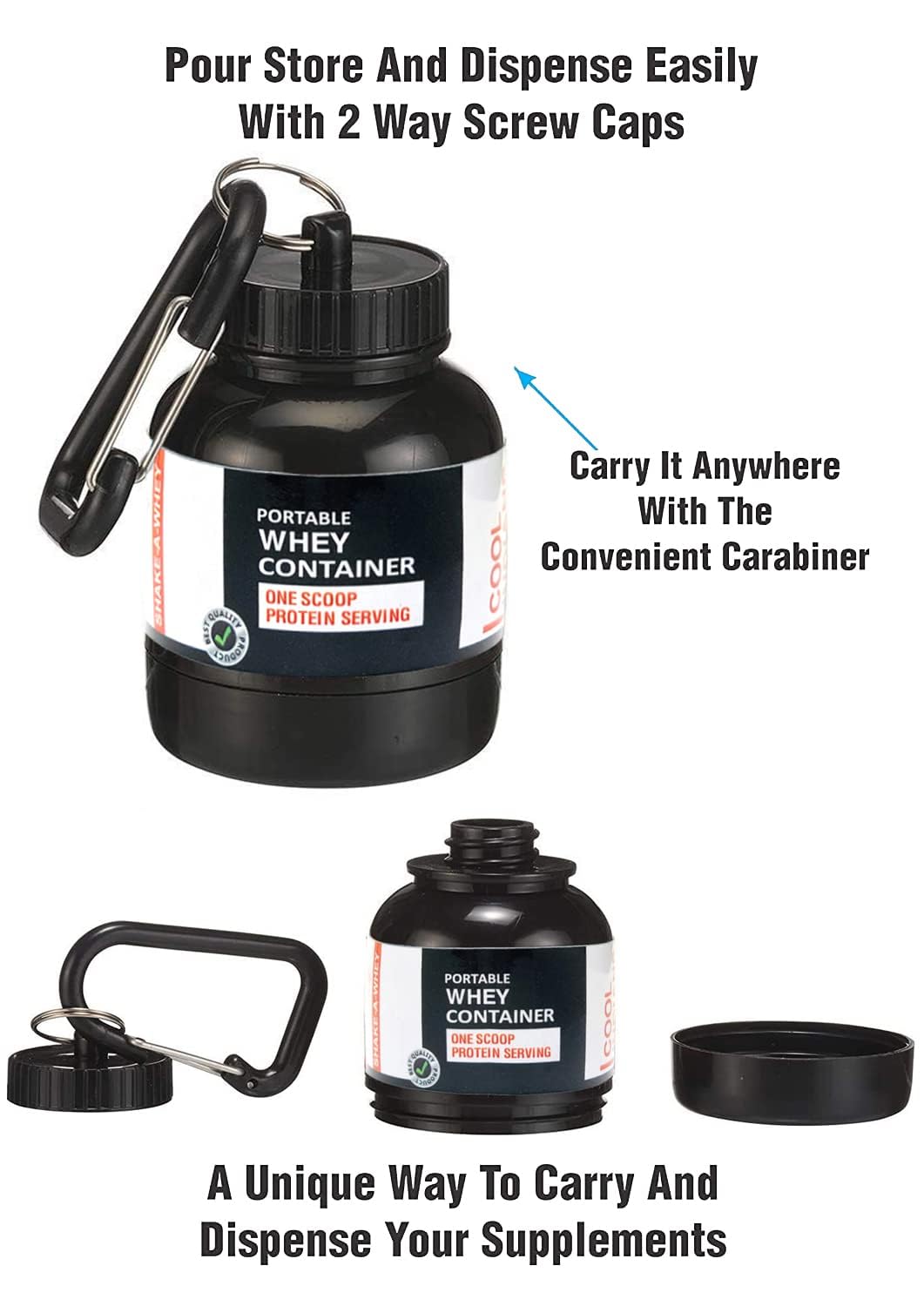 COOL INDIANS Portable Supplement Funnel Keychain Container, 75cc BPA-Free Plastic with Carabiner Clip - label detail