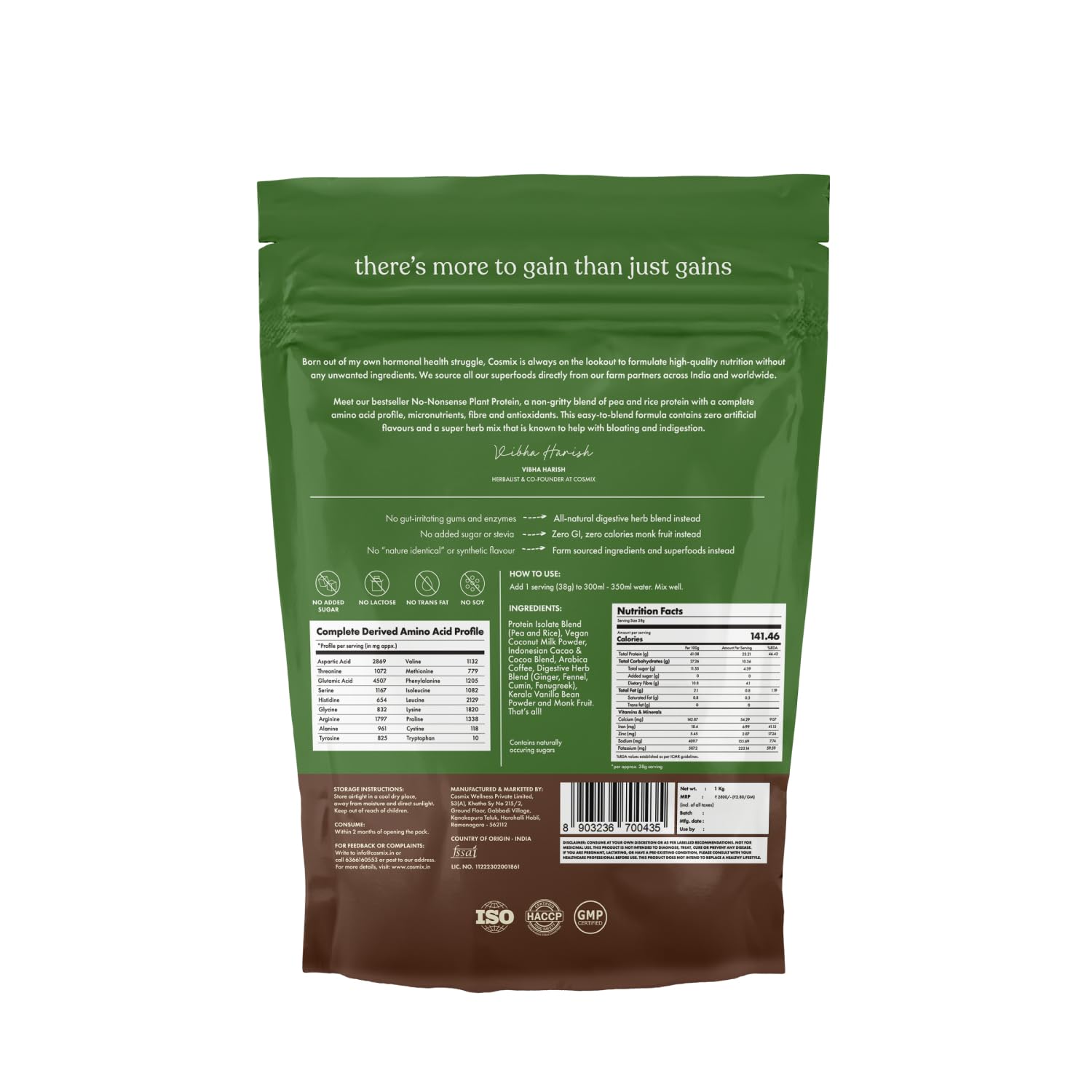 cosmix No-Nonsense Plant Protein, 500g, Chikamagalur Mocha, Pea & Rice Isolate, Vegan Formula - size and scale