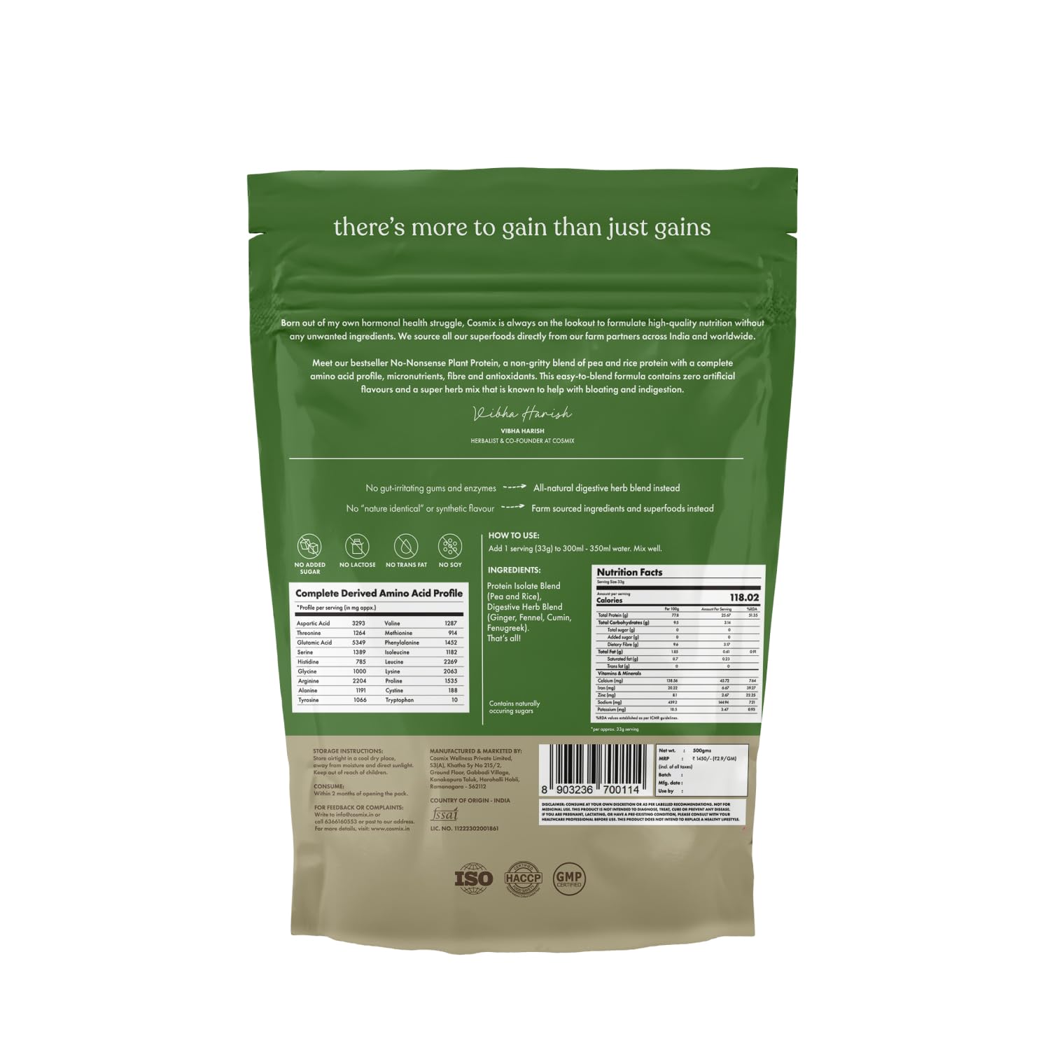 cosmix No-Nonsense Plant Protein, 500g, Chikamagalur Mocha, Pea & Rice Isolate, Vegan Formula - ingredients panel (36)