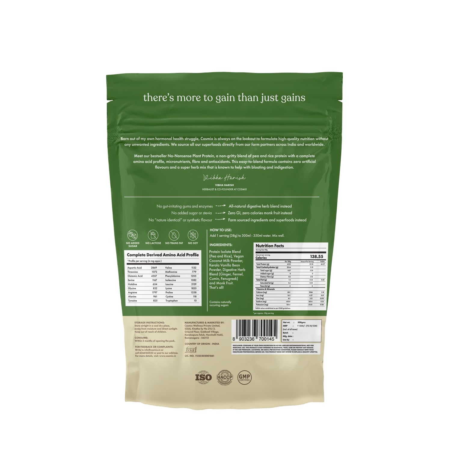 cosmix No-Nonsense Plant Protein, 500g, Chikamagalur Mocha, Pea & Rice Isolate, Vegan Formula - ingredients panel (52)