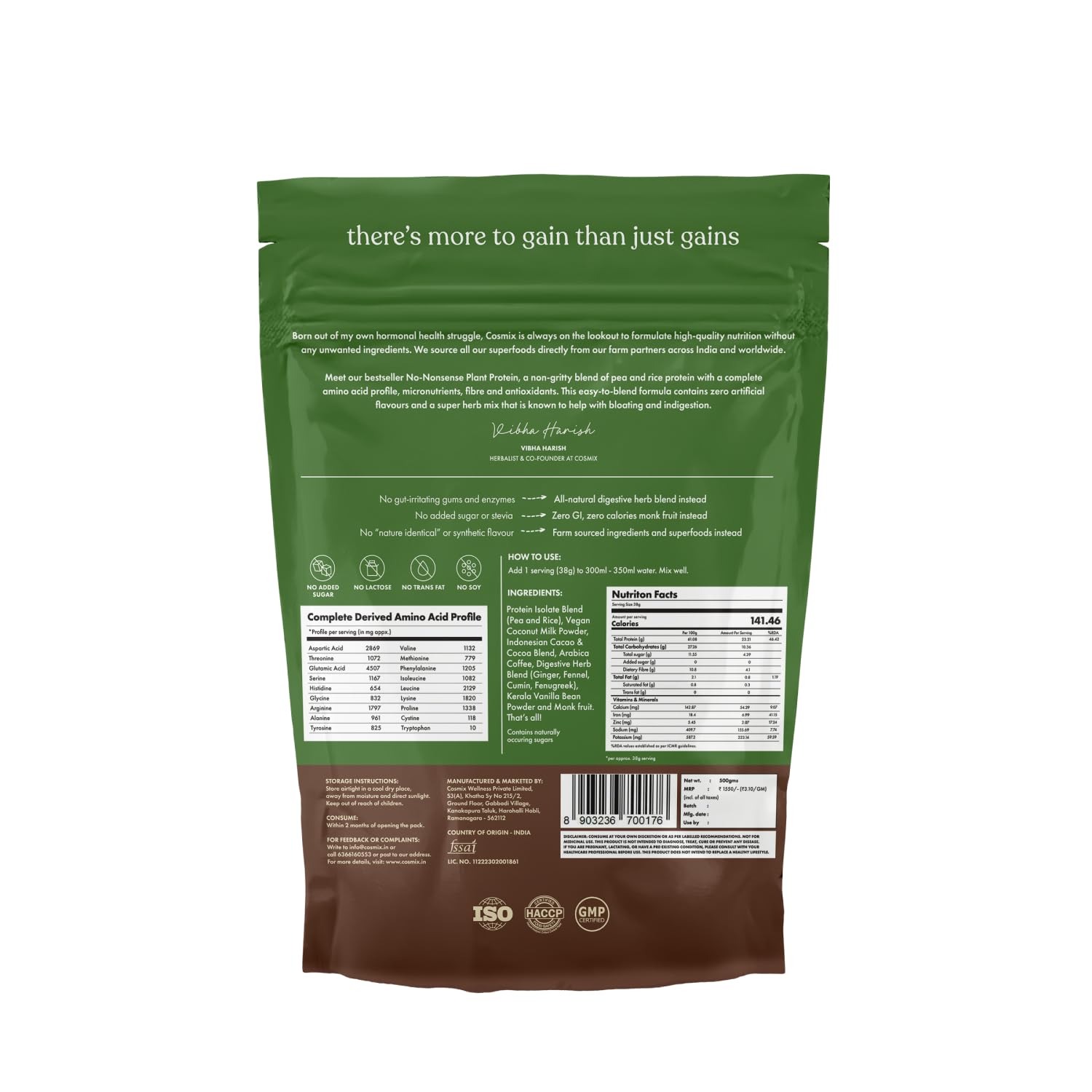 cosmix No-Nonsense Plant Protein, 500g, Chikamagalur Mocha, Pea & Rice Isolate, Vegan Formula - ingredients panel