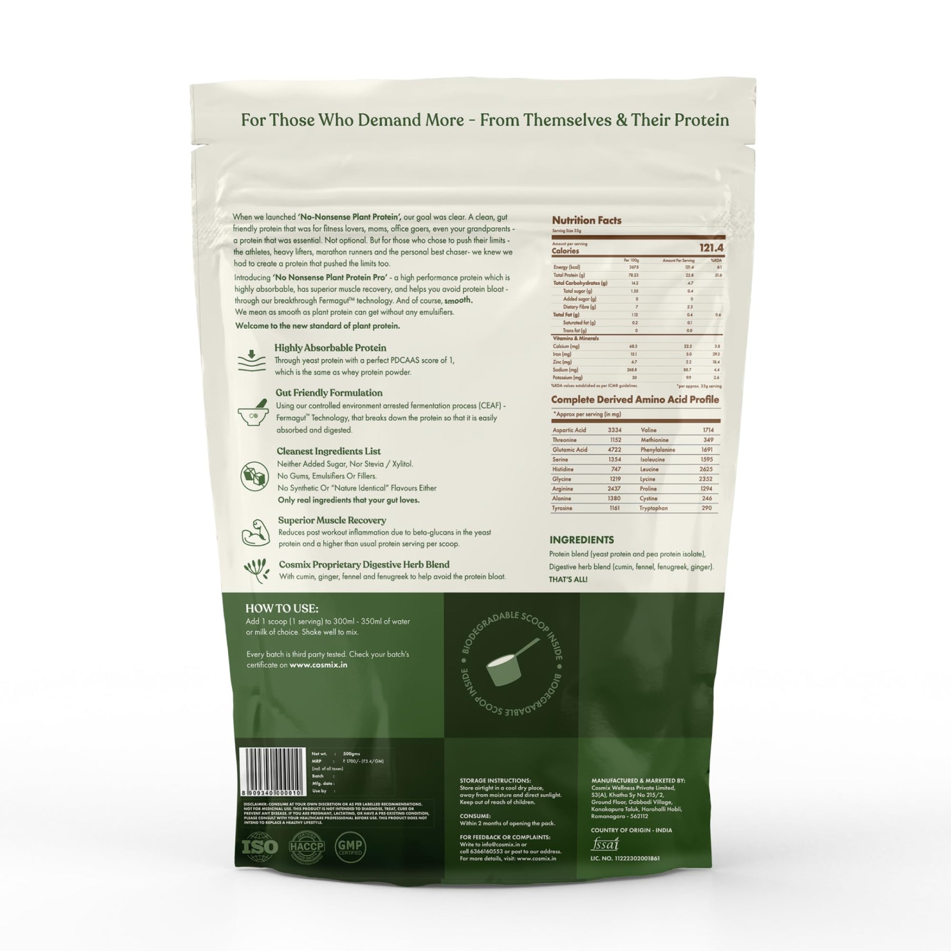 Cosmix No-Nonsense Plant Protein PRO, Vegan Protein Blend Powder with Yeast and Pea Protein, 24g per Serving - size and scale