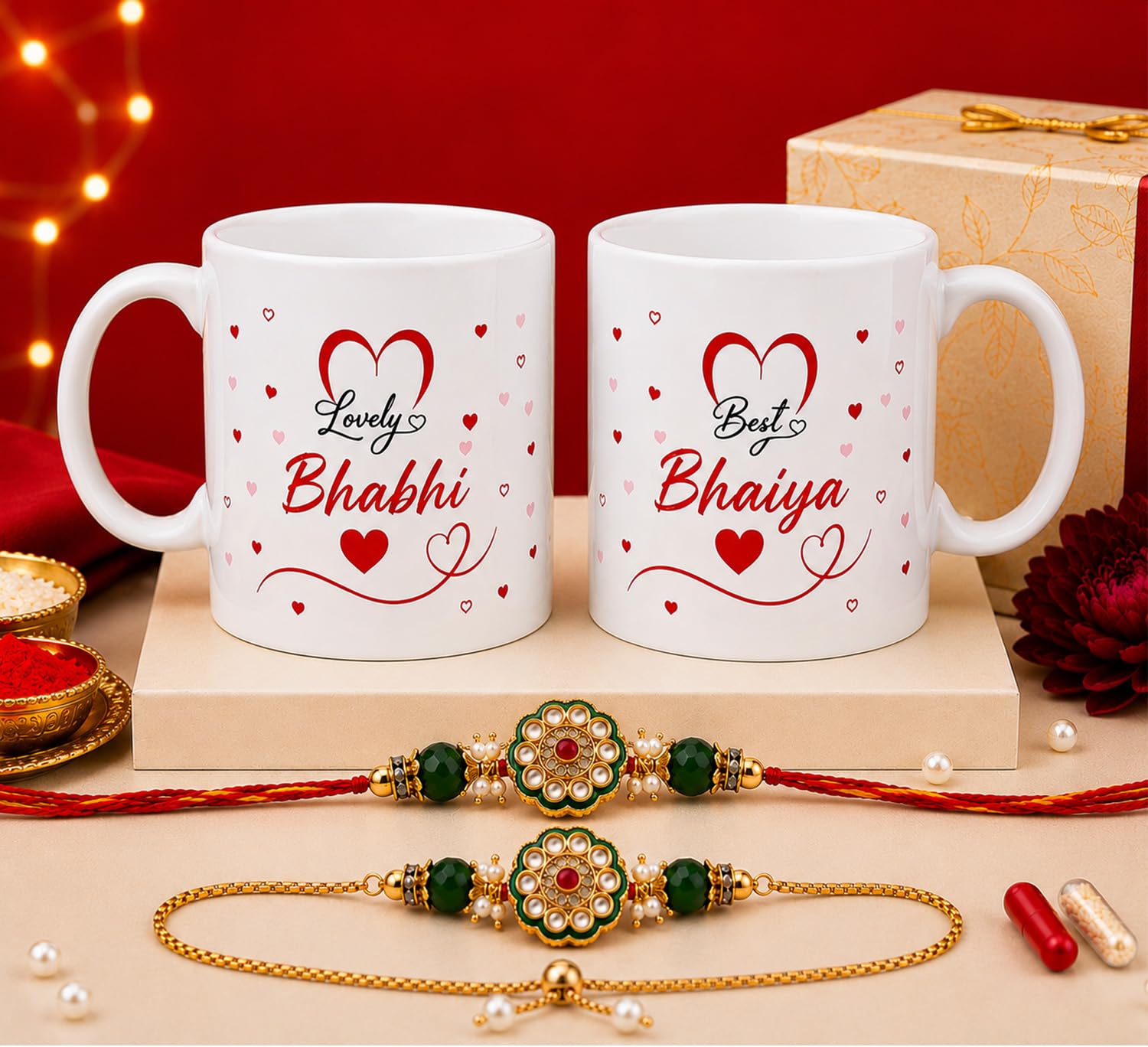 CraftnSector Bhaiya Bhabhi Rakhi Gift Combo, 2 Ceramic Coffee Mugs 350ml, Designer Rakhi with Roli Chawal, Raksha Bandhan Gif
