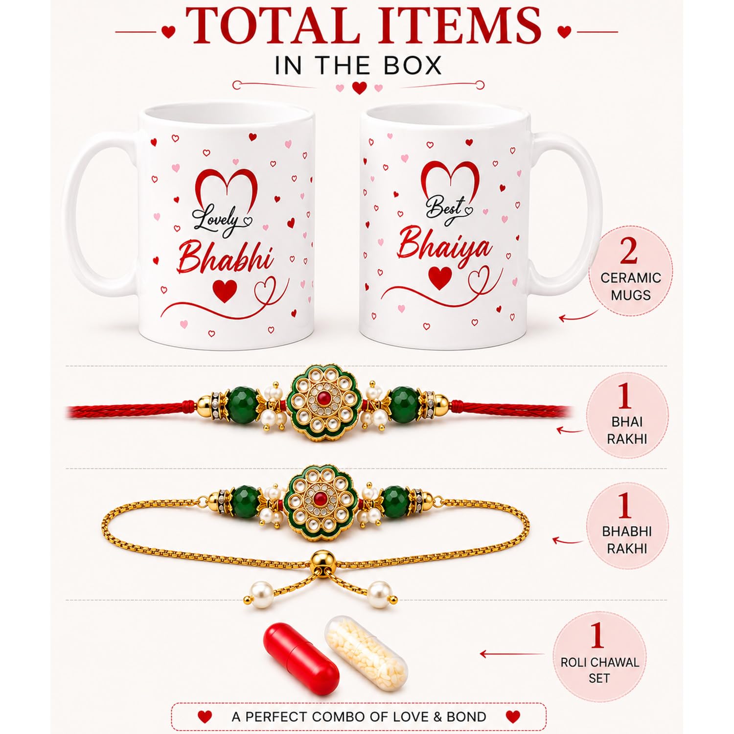 CraftnSector Bhaiya Bhabhi Rakhi Gift Combo, 2 Ceramic Coffee Mugs 350ml, Designer Rakhi with Roli Chawal, Raksha Bandhan Gif