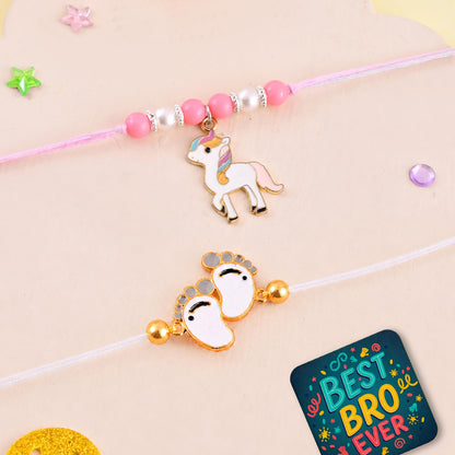 CraftWala Rakhi for Kids, Set of 2 Cute Unicorn and Baby Feet Rakhi for Boys and Girls, Designer Kids Rakhis Set for Brother