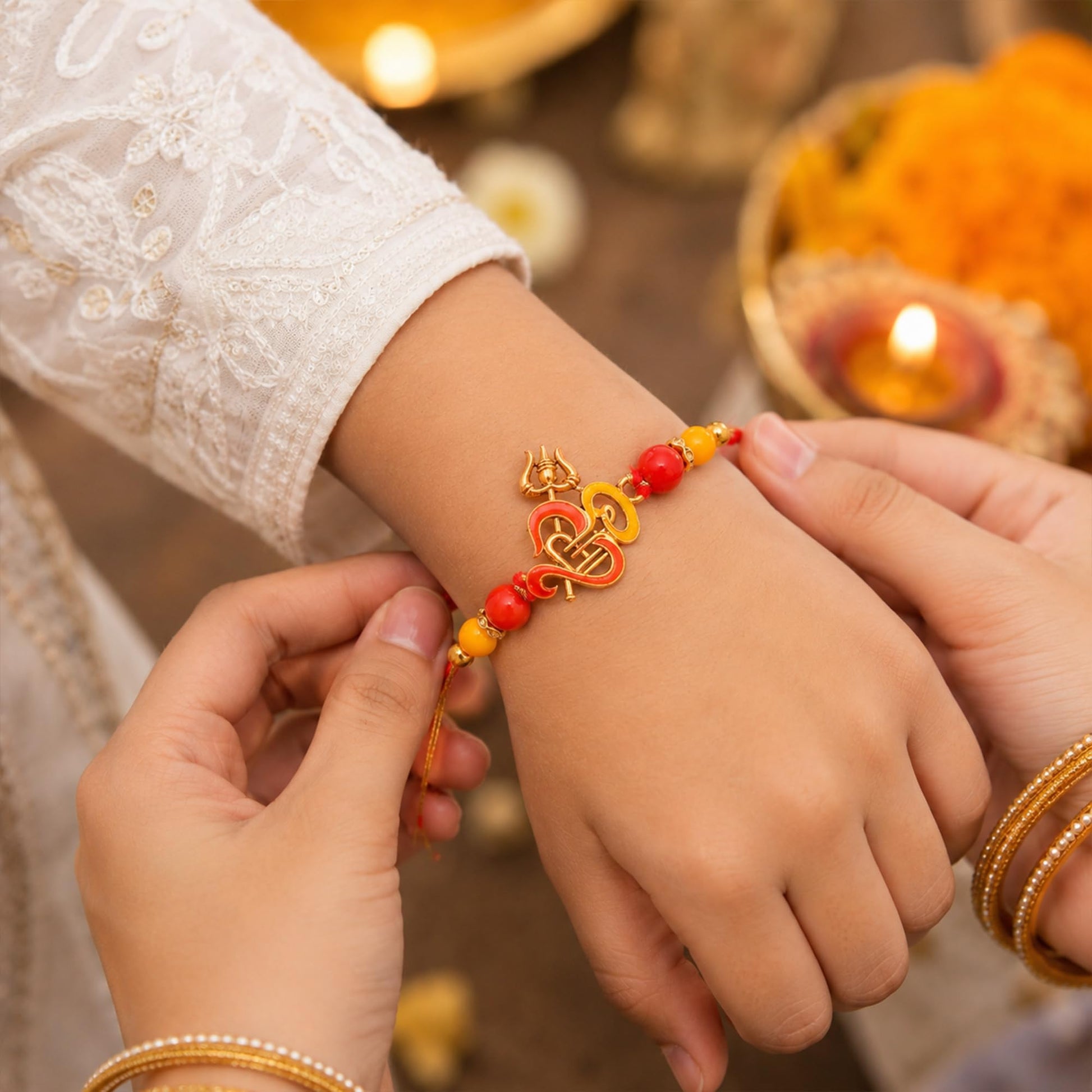 CraftWala Rakhi Gift Combo Set for Bhaiya Bhabhi Kids, Family Rakhi Set of 3 with Lumba Bracelet Rakhi for Bhabhi, Om Trishul