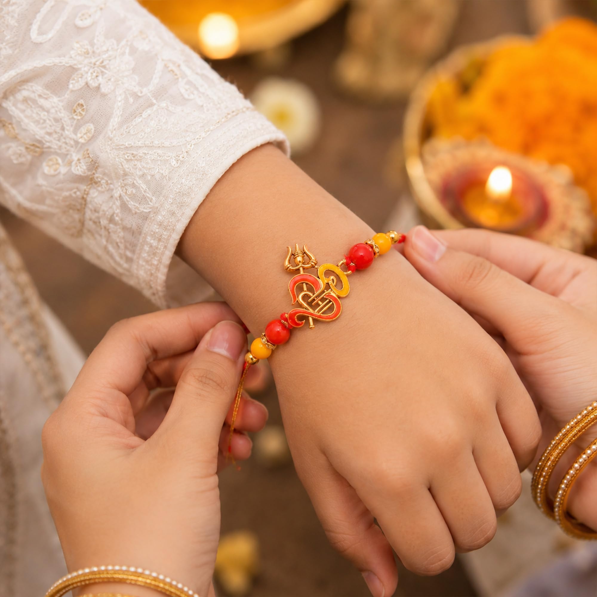 CraftWala Rakhi Gift Combo Set for Bhaiya Bhabhi Kids, Family Rakhi Set of 3 with Lumba Bracelet Rakhi for Bhabhi, Om Trishul