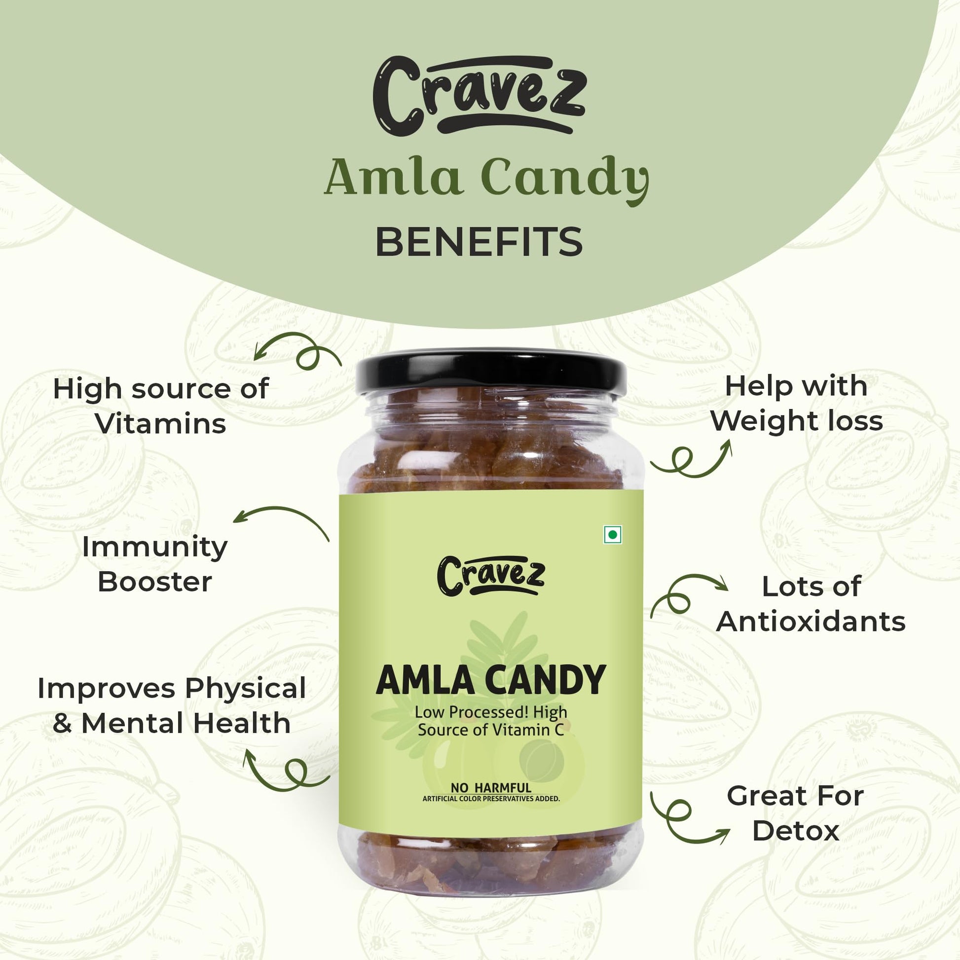 Cravez Dried Amla Candy, Indian Gooseberry Candy, Natural, No Preservatives, No Artificial Colors - front view