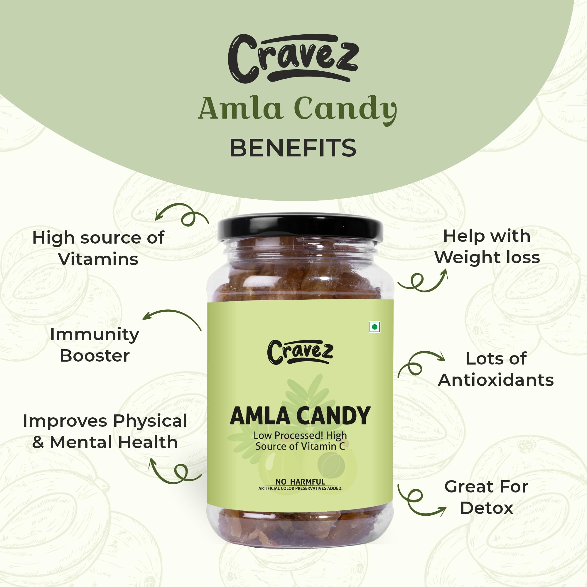 Cravez Dried Amla Candy, Indian Gooseberry Candy, Natural, No Preservatives, No Artificial Colors - front view