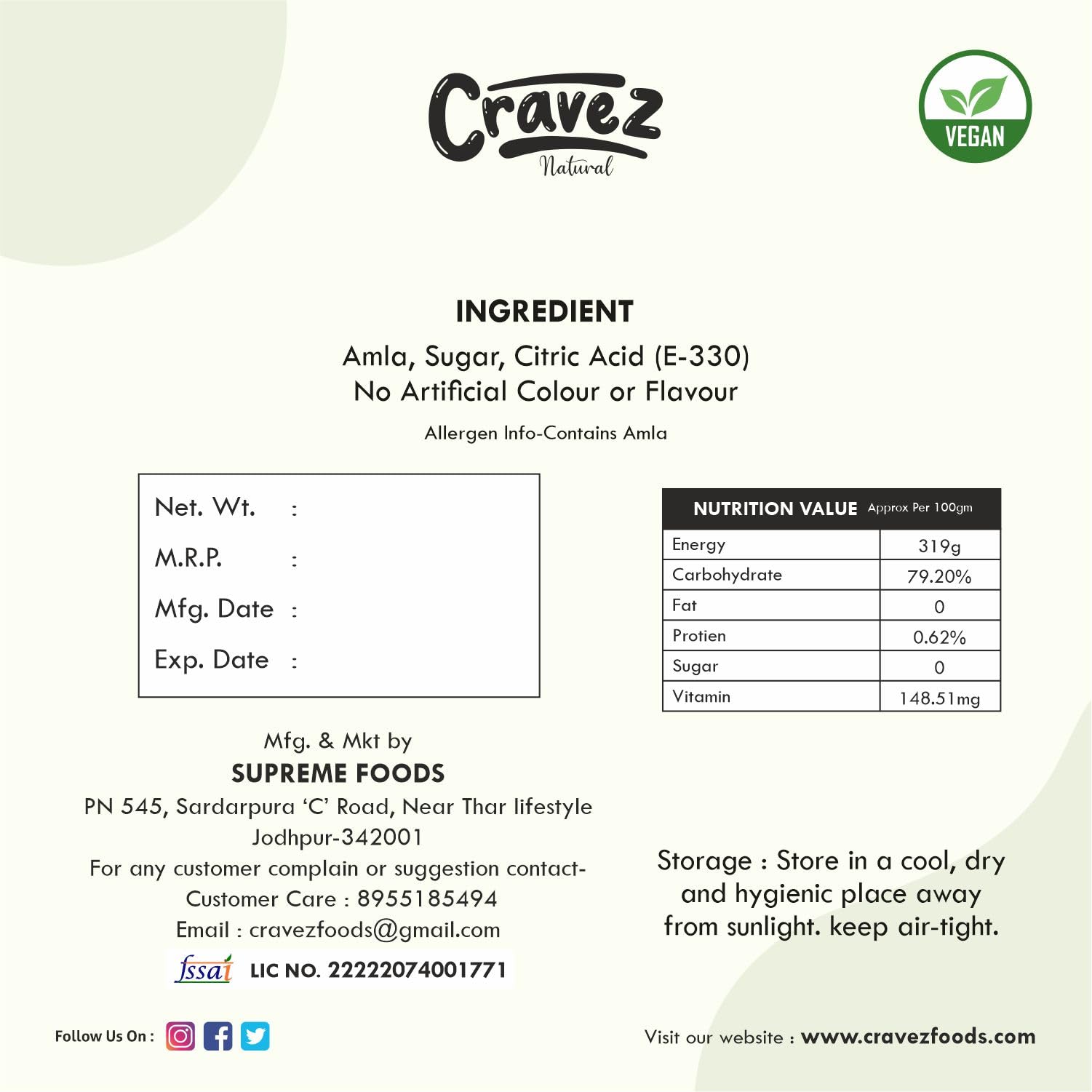 Cravez Dried Amla Candy, Indian Gooseberry Candy, Natural, No Preservatives, No Artificial Colors - packaging