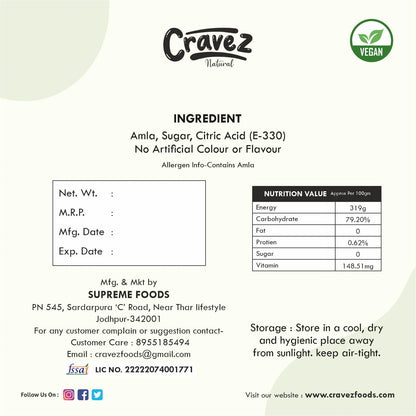 Cravez Dried Amla Candy, Indian Gooseberry Candy, Natural, No Preservatives, No Artificial Colors - packaging