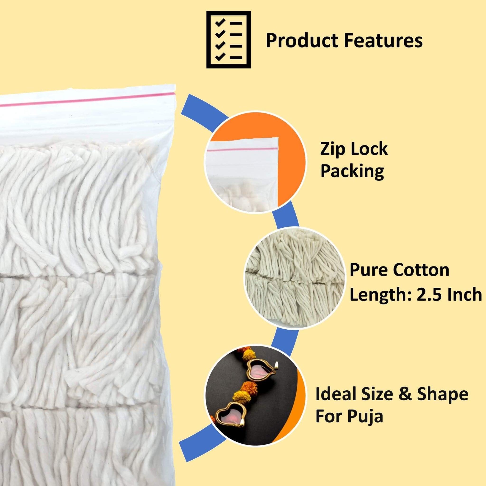 CREYENTES Long Cotton Pooja Batti 2.5 Inch Natural White Cotton Wicks for Diya Puja Aarti - label detail