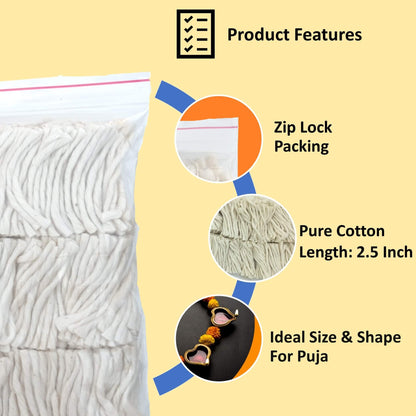 CREYENTES Long Cotton Pooja Batti 2.5 Inch Natural White Cotton Wicks for Diya Puja Aarti - label detail