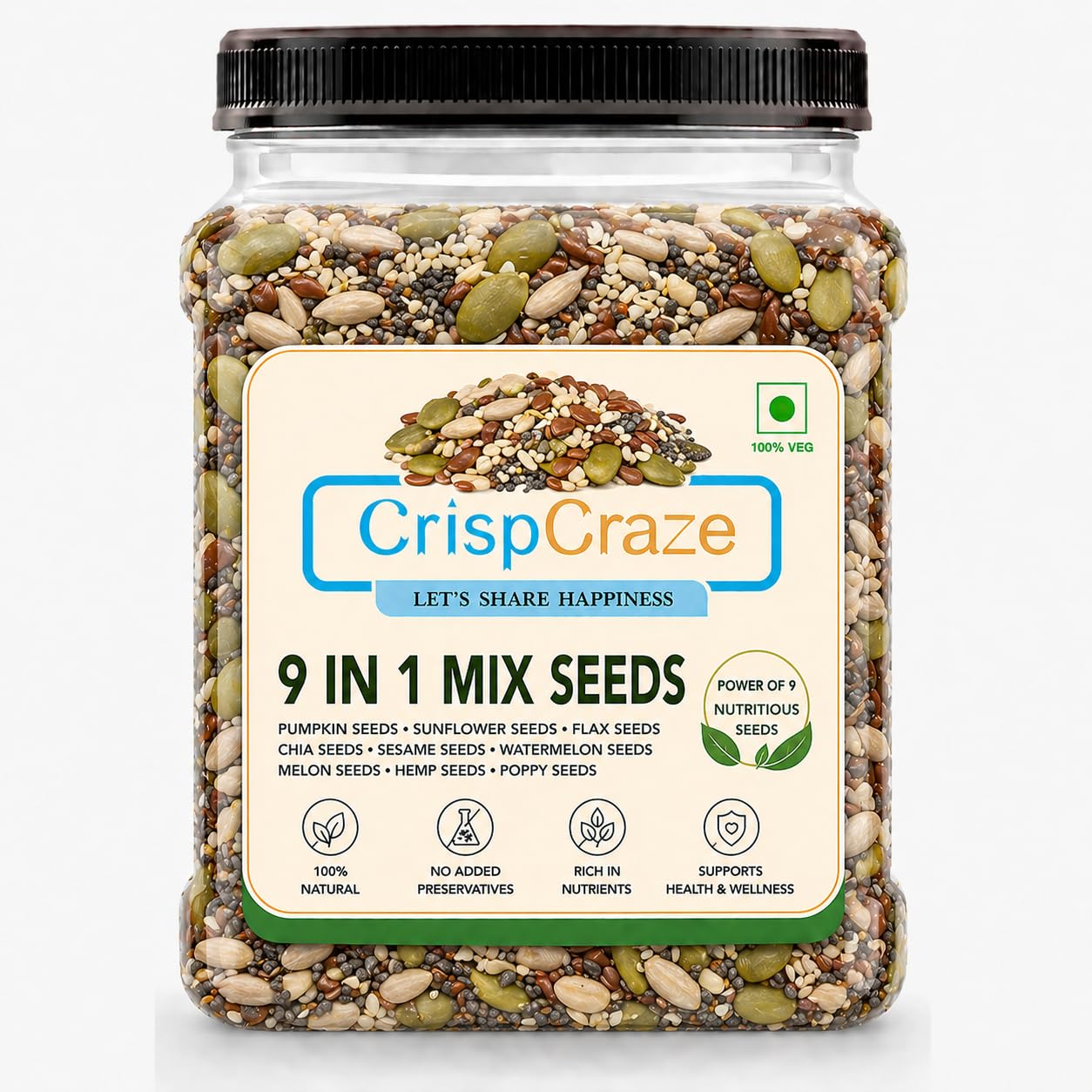 CrispCraze 9-in-1 Seeds & Nuts Mix, 1kg, Mixed Nuts and Seeds, Vegan, Gluten-Free
