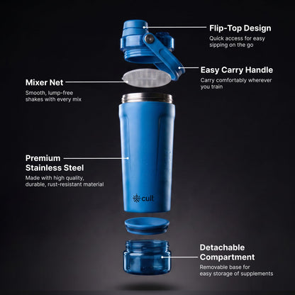CULT Stainless Steel Shaker Bottle 700ml, Leakproof Lid, Bottom Opener, BPA-Free - back view (17)
