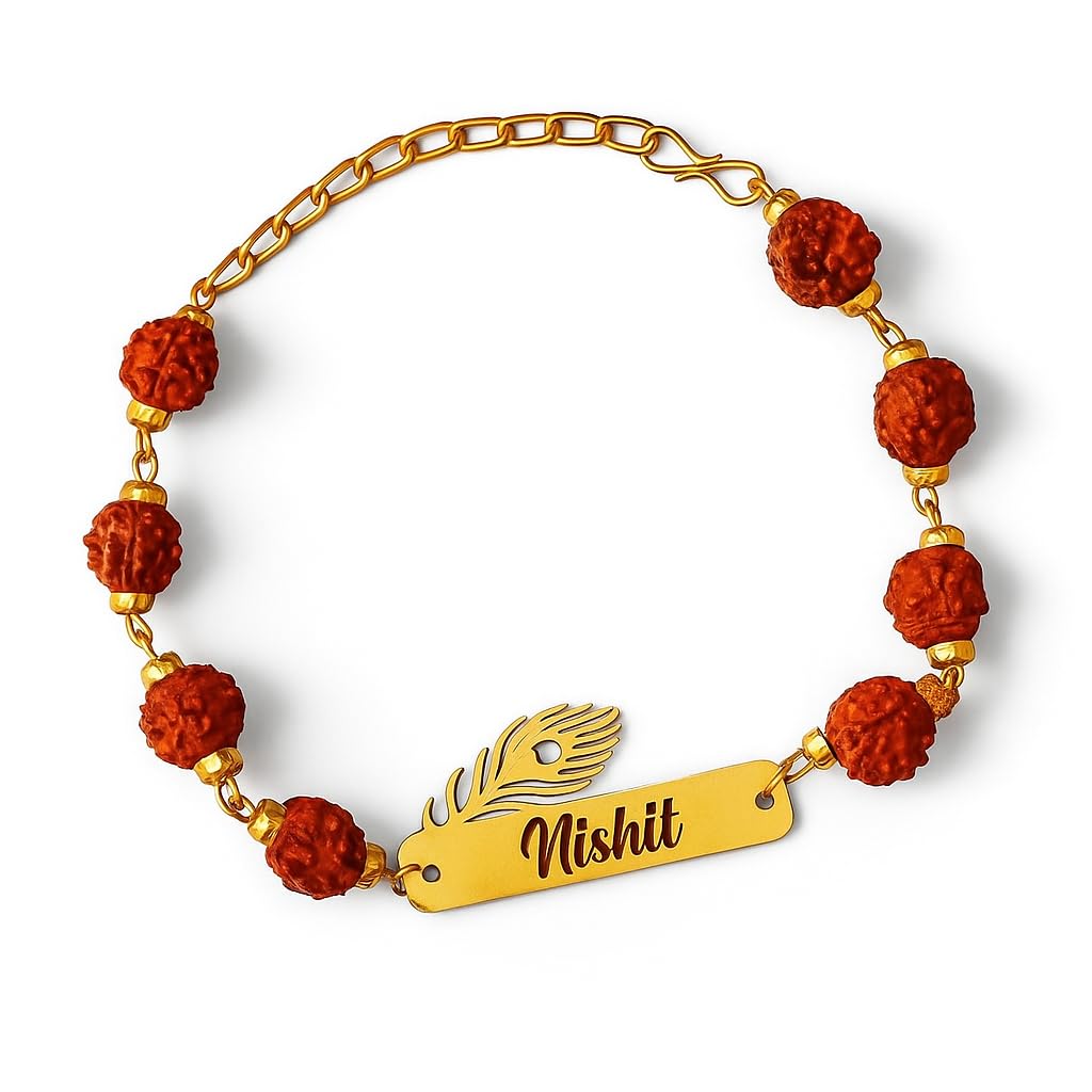 CUSTOMISED INDIA Personalized Lord Krishna Metal Rakhi with Name | Krishna Morpankha Rudraksha Name rakhi for Brother | Raksh