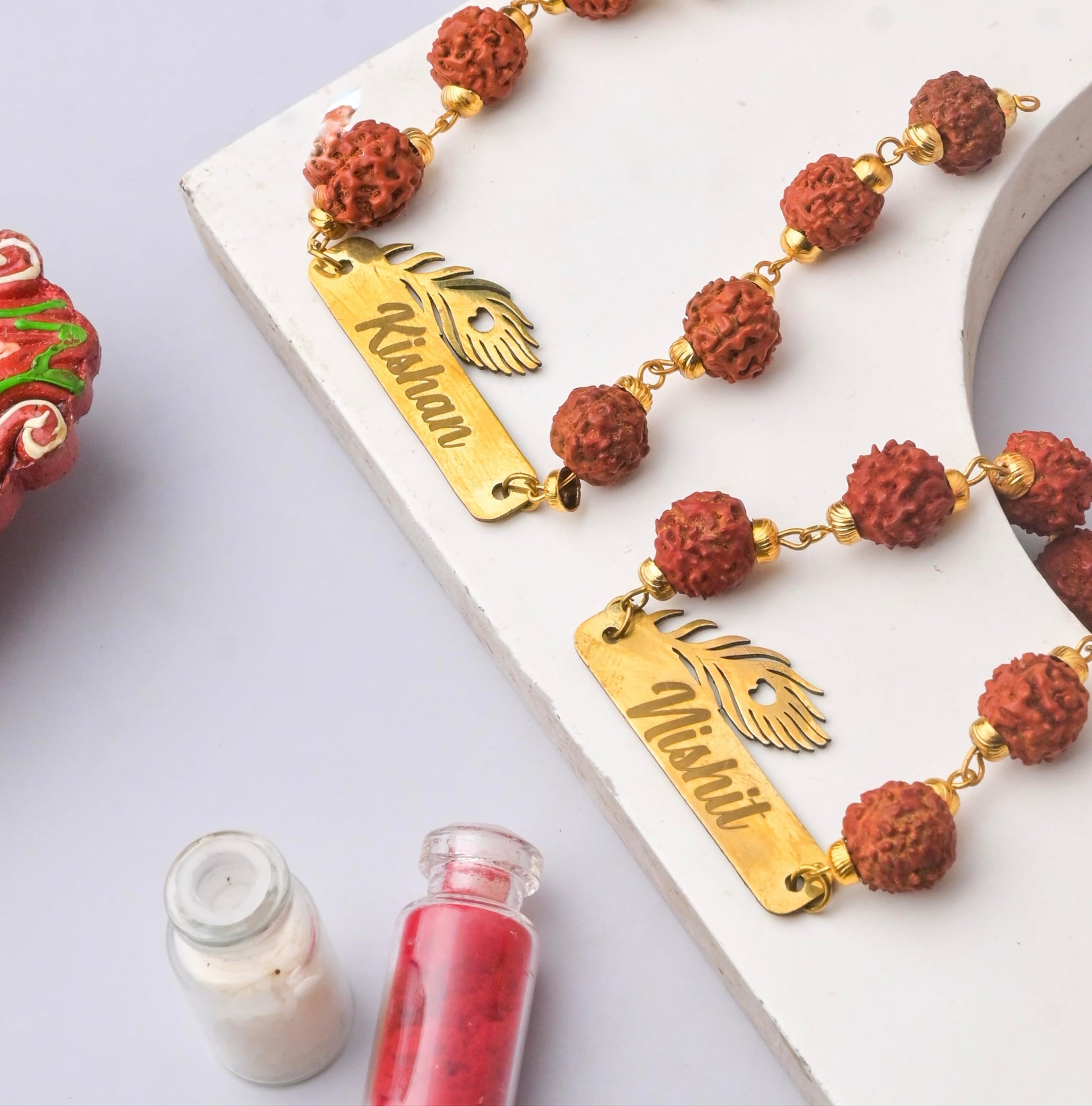 CUSTOMISED INDIA Personalized Lord Krishna Metal Rakhi with Name | Krishna Morpankha Rudraksha Name rakhi for Brother | Raksh