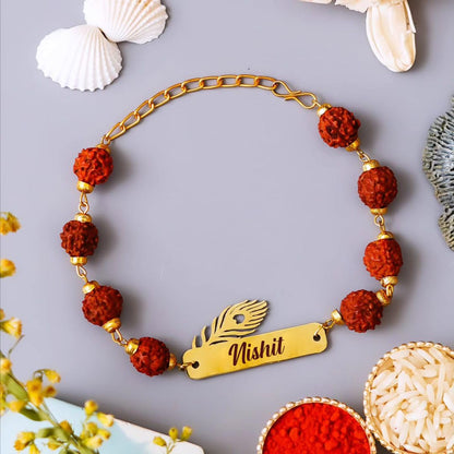 CUSTOMISED INDIA Personalized Lord Krishna Metal Rakhi with Name | Krishna Morpankha Rudraksha Name rakhi for Brother | Raksh