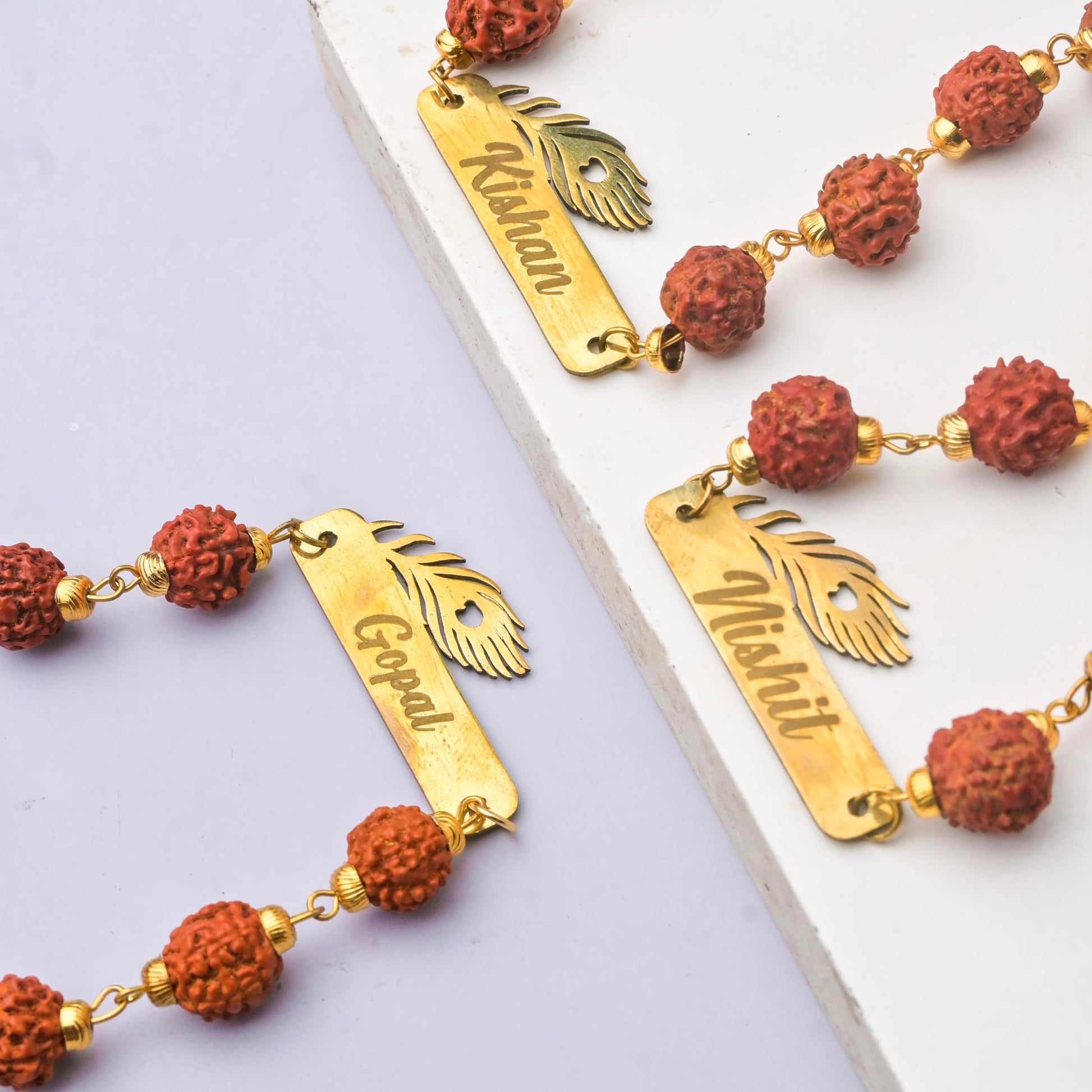 CUSTOMISED INDIA Personalized Lord Krishna Metal Rakhi with Name | Krishna Morpankha Rudraksha Name rakhi for Brother | Raksh
