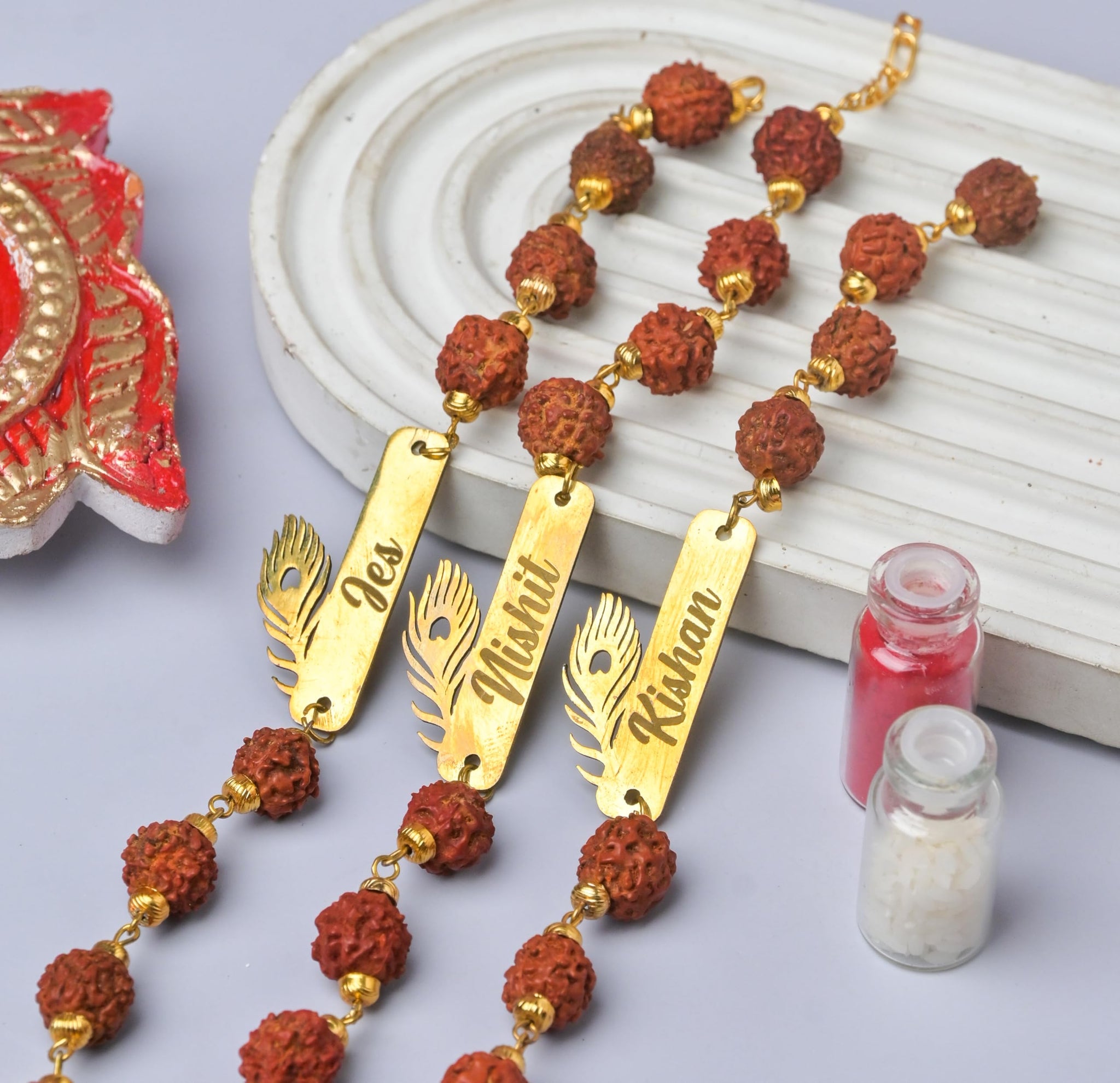 CUSTOMISED INDIA Personalized Lord Krishna Metal Rakhi with Name | Krishna Morpankha Rudraksha Name rakhi for Brother | Raksh