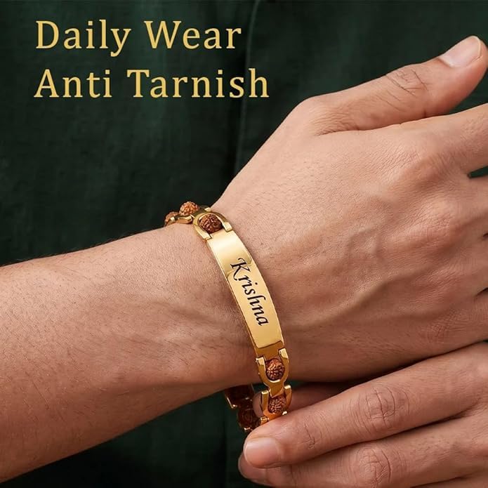 Customized Rudraksha Gold Plated Bracelet for Men | Personalized Rakhi Bracelet for Men | Rakshabandhan Rudraksha Bracelet wi