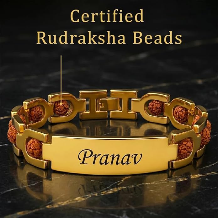 Customized Rudraksha Gold Plated Bracelet for Men | Personalized Rakhi Bracelet for Men | Rakshabandhan Rudraksha Bracelet wi