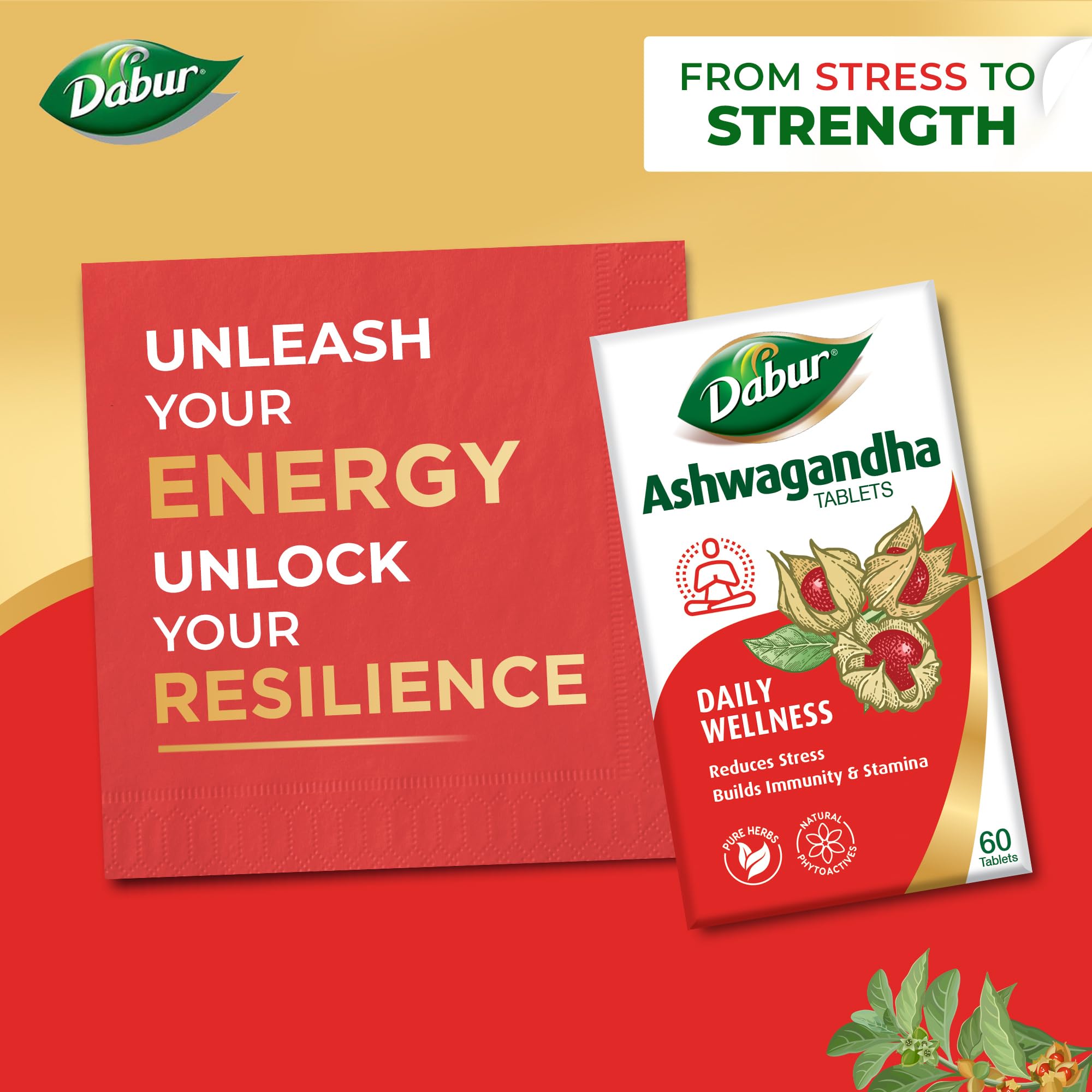 Dabur Ashwagandha Tablets - 60 tabs | General Wellness Tablets | Stress Relief | Rich in Antioxidants | Immunity Booster | Ri