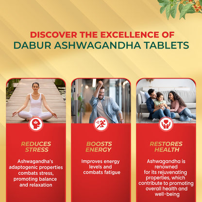 Dabur Ashwagandha Tablets - 60 tabs | General Wellness Tablets | Stress Relief | Rich in Antioxidants | Immunity Booster | Ri