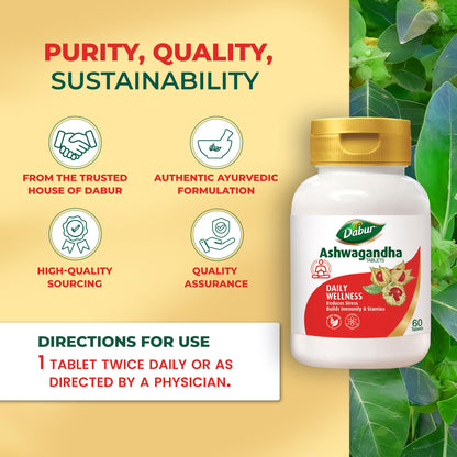 Dabur Ashwagandha Tablets - 60 tabs | General Wellness Tablets | Stress Relief | Rich in Antioxidants | Immunity Booster | Ri