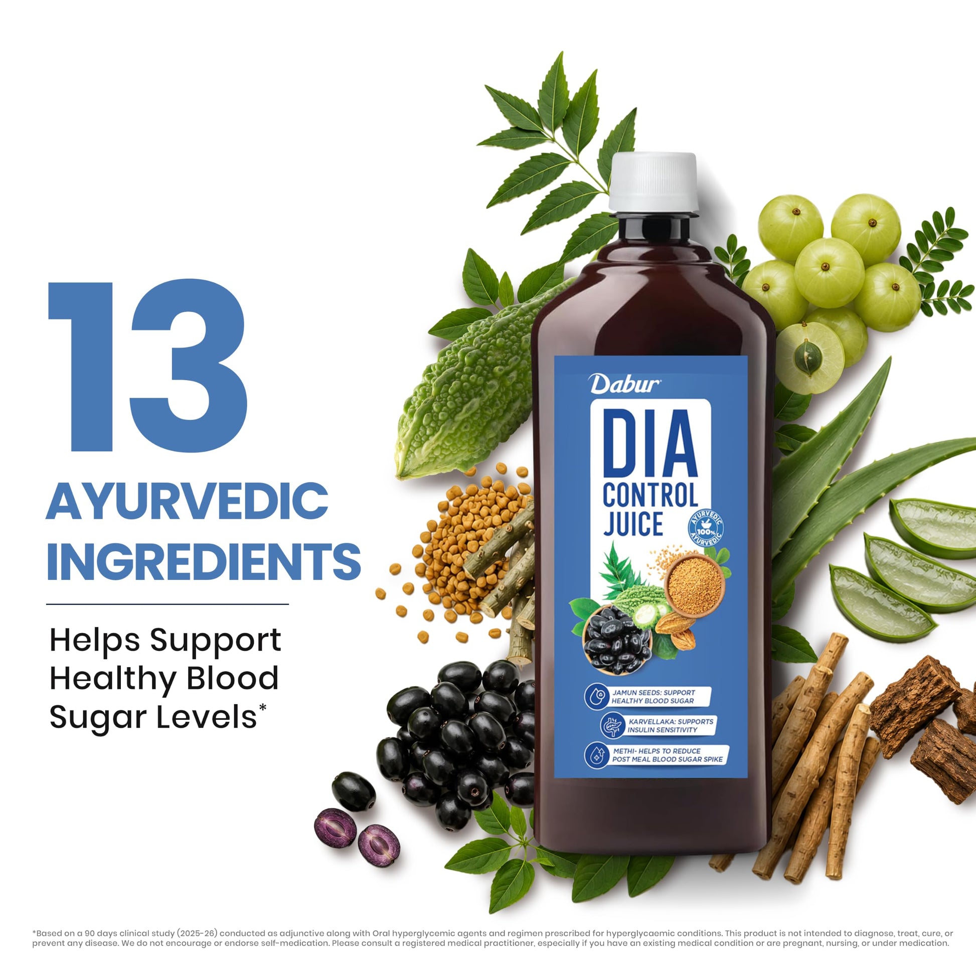 Dabur Dia Control Juice, 1L, Ayurvedic Herbal Supplement with Karela, Amla, Jamun & 13 Herbs - front view