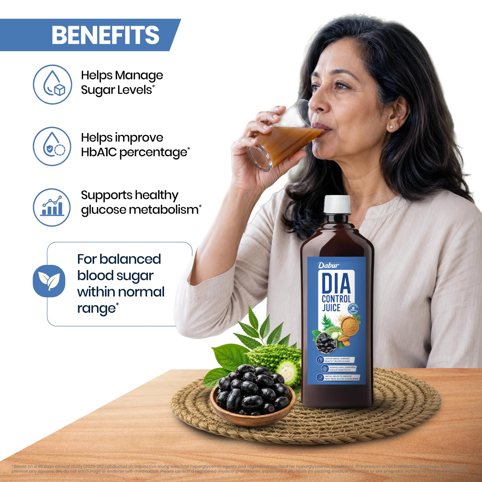 Dabur Dia Control Juice, 1L, Ayurvedic Herbal Supplement with Karela, Amla, Jamun & 13 Herbs - packaging