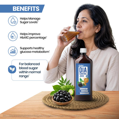 Dabur Dia Control Juice, 1L, Ayurvedic Herbal Supplement with Karela, Amla, Jamun & 13 Herbs - packaging