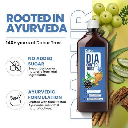 Dabur Dia Control Juice, 1L, Ayurvedic Herbal Supplement with Karela, Amla, Jamun & 13 Herbs - close-up detail