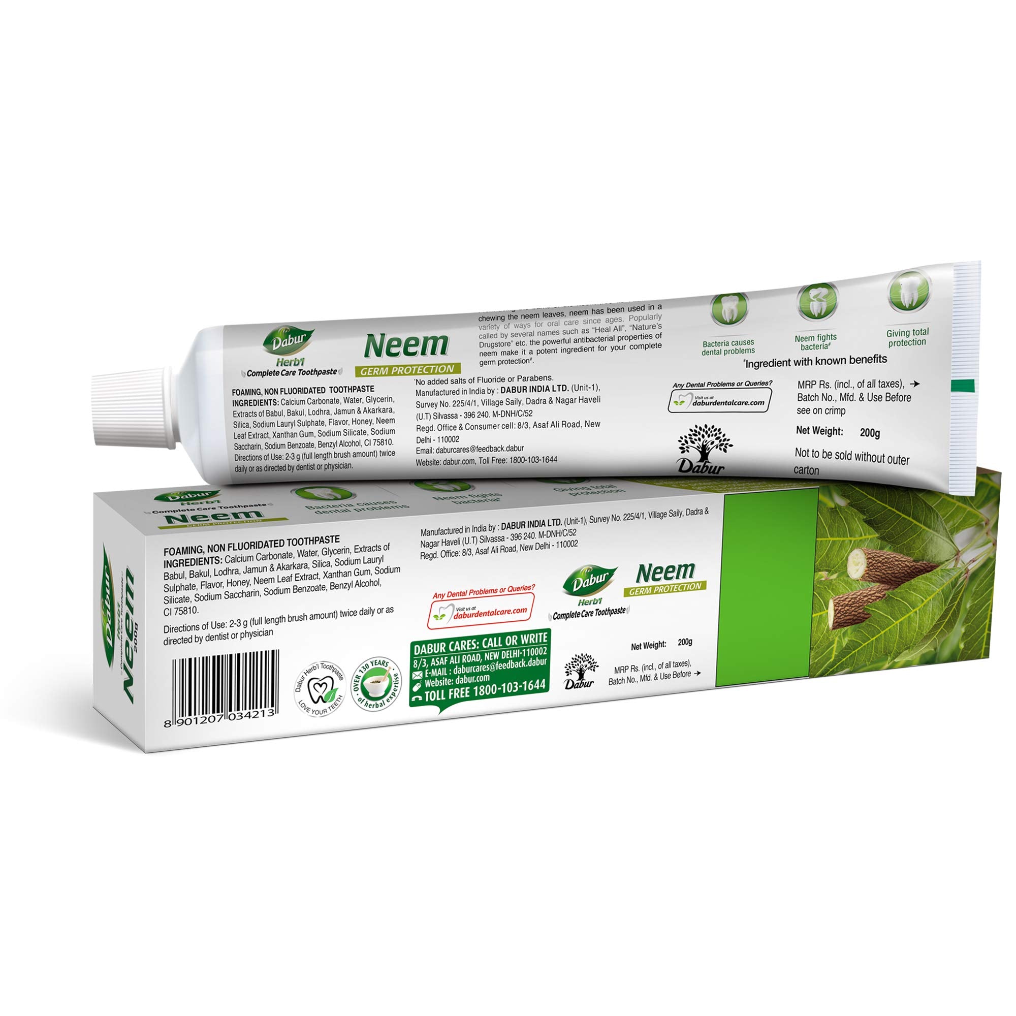 Dabur Herb'l Neem - Germ Protection Oral Care Toothpaste - 200 g - ingredients panel