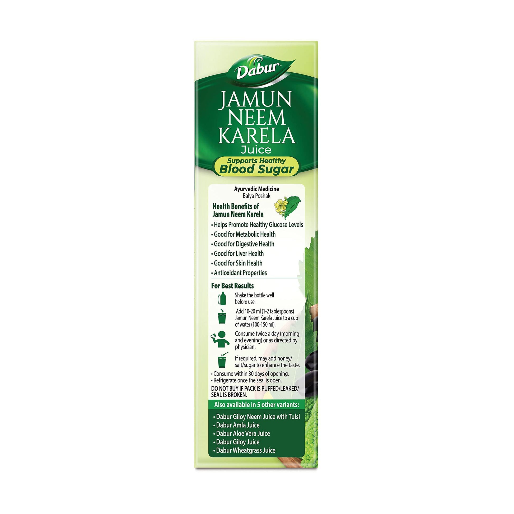 Dabur Jamun Neem Karela Juice, Traditional Ayurvedic Herbal Supplement, Pure Botanical Extract Blend, Adult Use Formula - ing