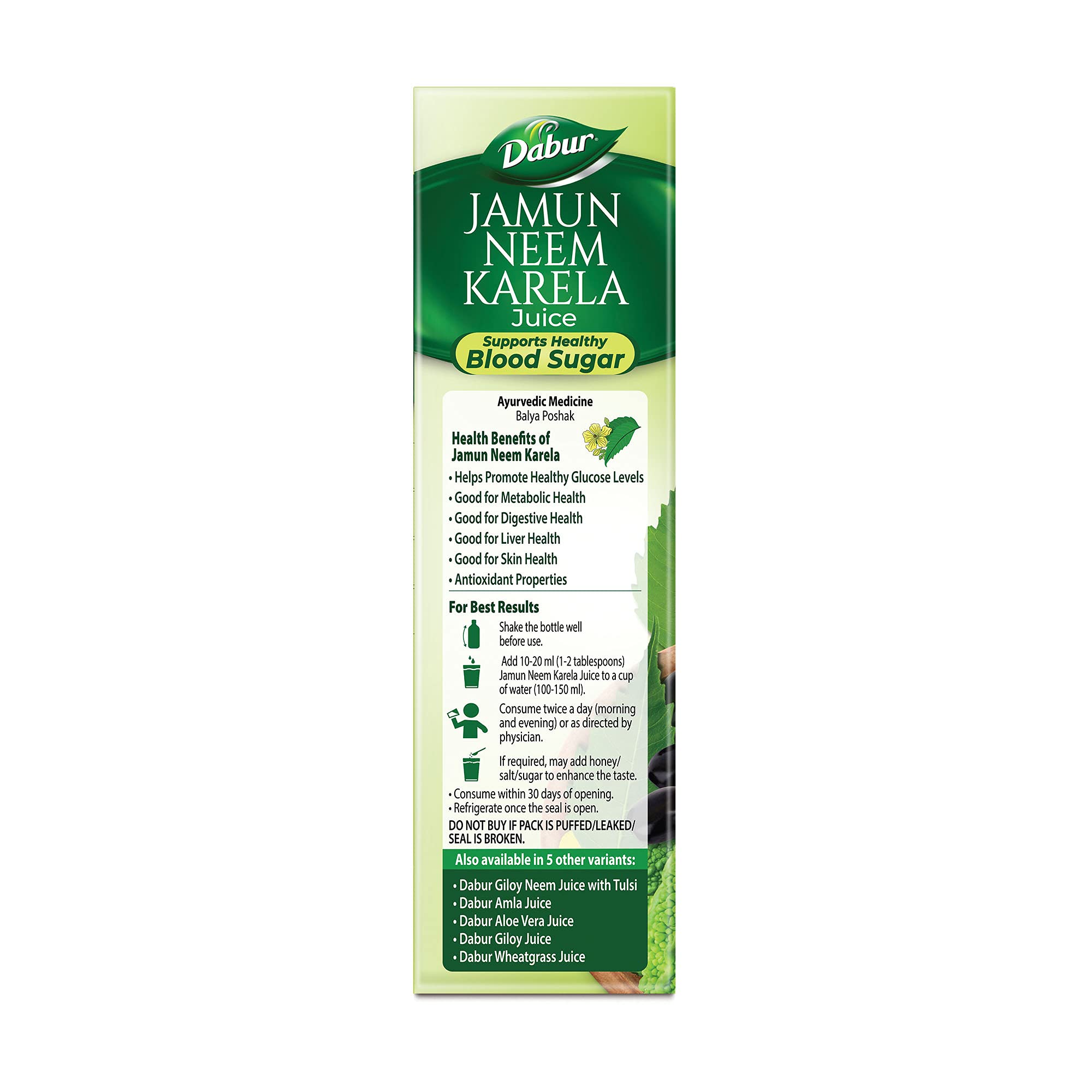 Dabur Jamun Neem Karela Juice, Traditional Ayurvedic Herbal Supplement, Pure Botanical Extract Blend, Adult Use Formula - ing