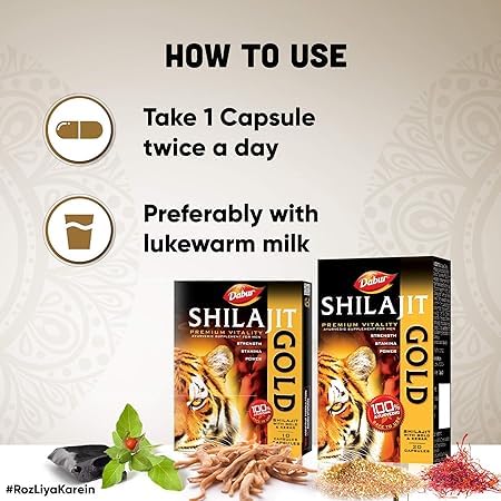 Dabur Shilajit Gold Ayurvedic Herbal Supplement Capsules, 20 Count, Adult - label detail