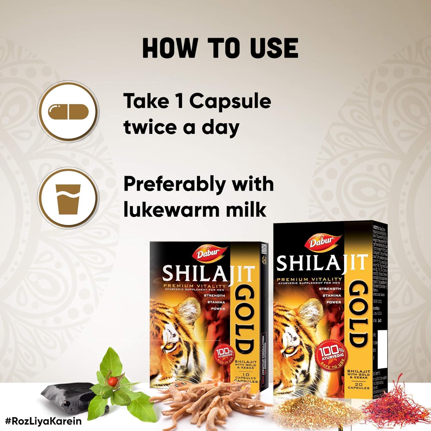 Dabur Shilajit Gold Ayurvedic Herbal Supplement Capsules, 20 Count, Adult - close-up detail