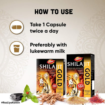 Dabur Shilajit Gold Ayurvedic Herbal Supplement Capsules, 20 Count, Adult - close-up detail