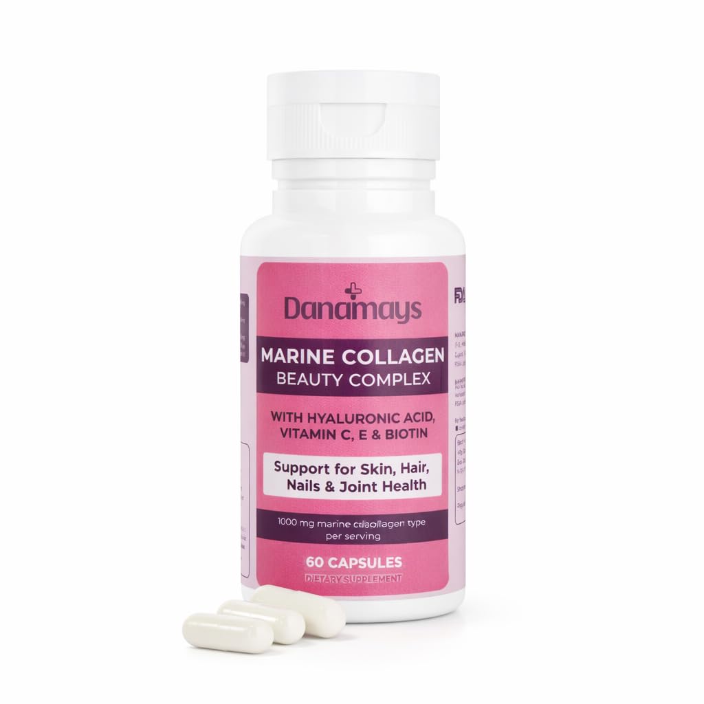 Danamays Collagen Beauty Capsules, Marine Collagen 1000mg, 60 Count, with Hyaluronic Acid, Vitamin C, E and Biotin