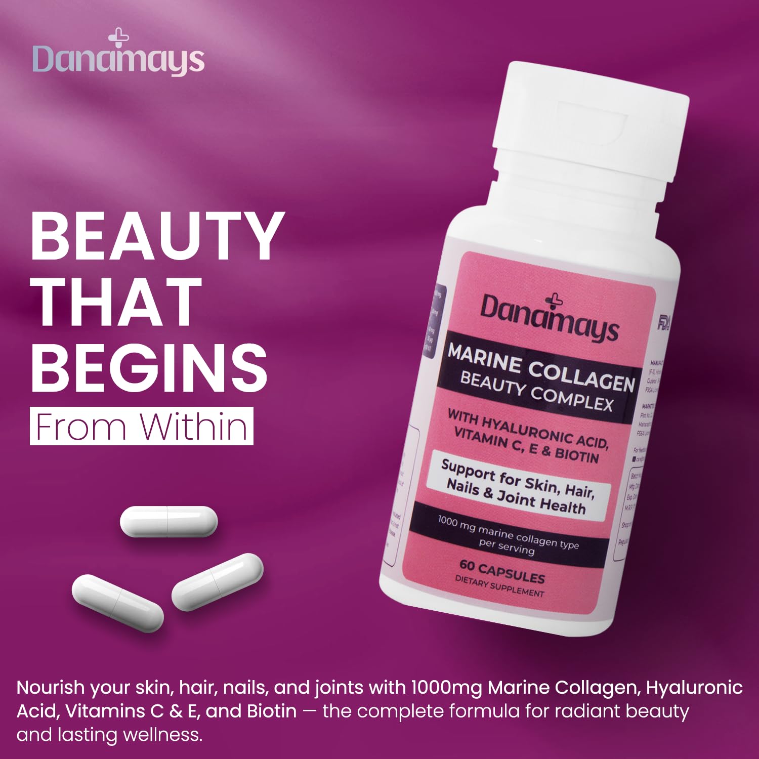 Danamays Collagen Beauty Capsules, Marine Collagen 1000mg, 60 Count, with Hyaluronic Acid, Vitamin C, E and Biotin - front vi