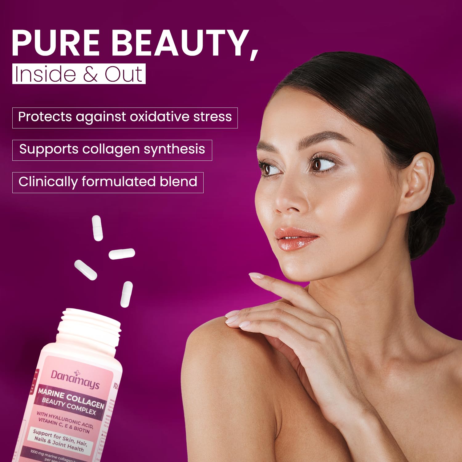 Danamays Collagen Beauty Capsules, Marine Collagen 1000mg, 60 Count, with Hyaluronic Acid, Vitamin C, E and Biotin - packagin