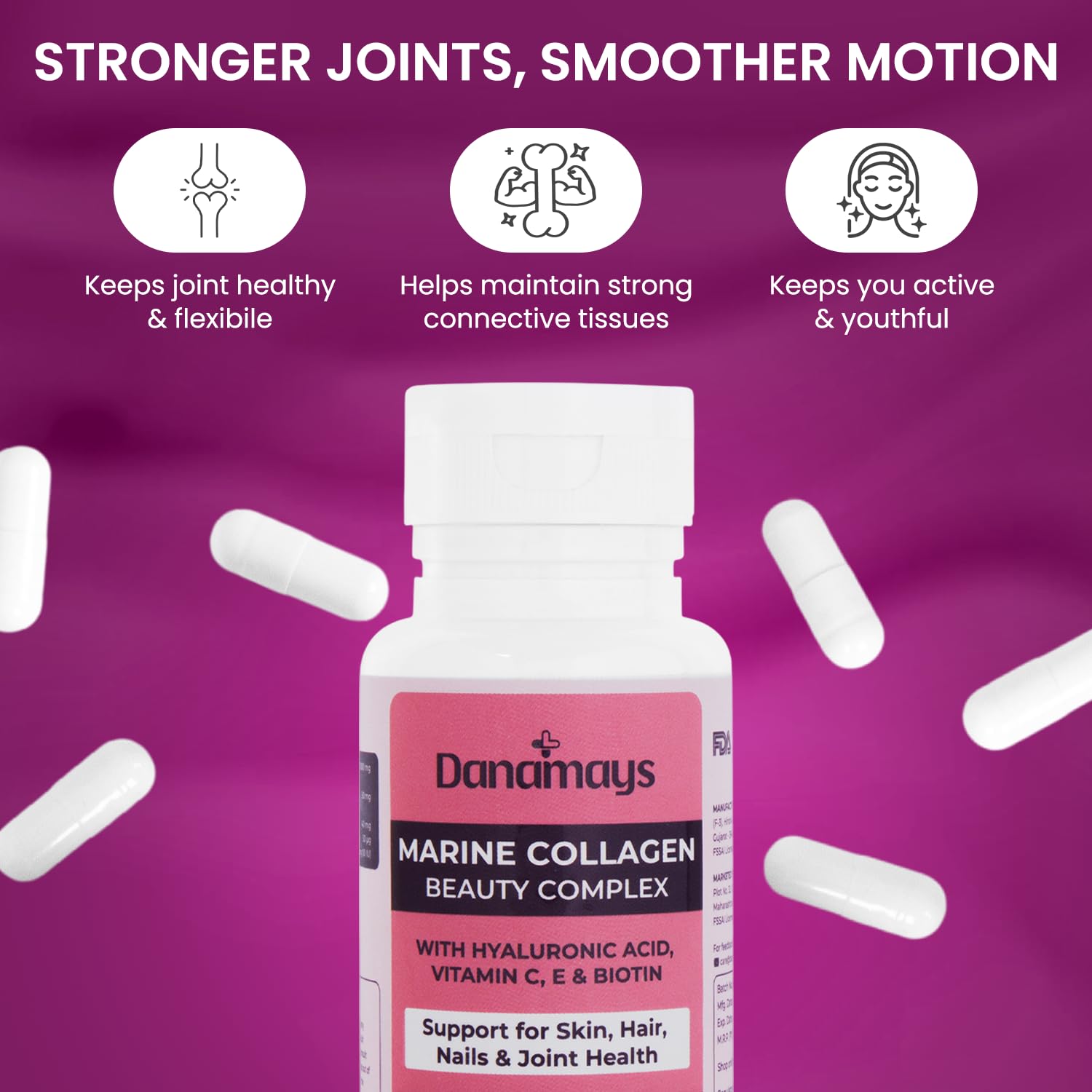 Danamays Collagen Beauty Capsules, Marine Collagen 1000mg, 60 Count, with Hyaluronic Acid, Vitamin C, E and Biotin - label de
