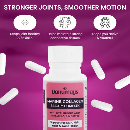 Danamays Collagen Beauty Capsules, Marine Collagen 1000mg, 60 Count, with Hyaluronic Acid, Vitamin C, E and Biotin - label de