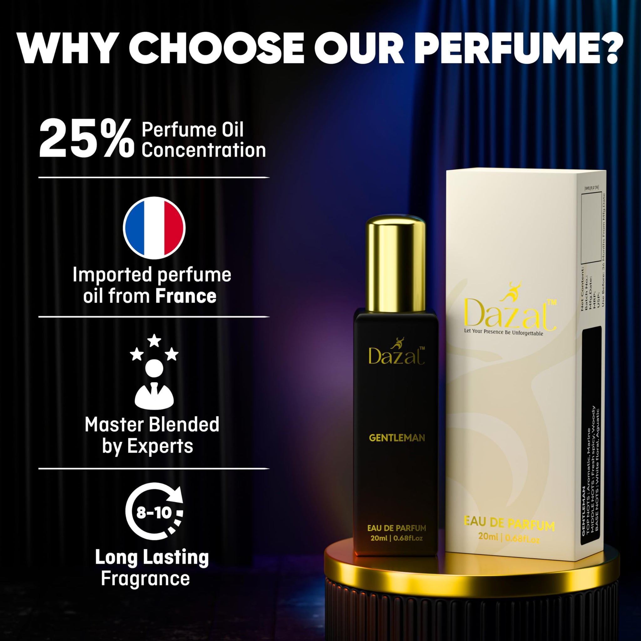 DAZAL Gentleman Eau de Parfum for Men, 80g, Citrus & Aquatic Notes, Long-Lasting, Black Bottle with Gold Accents - front view