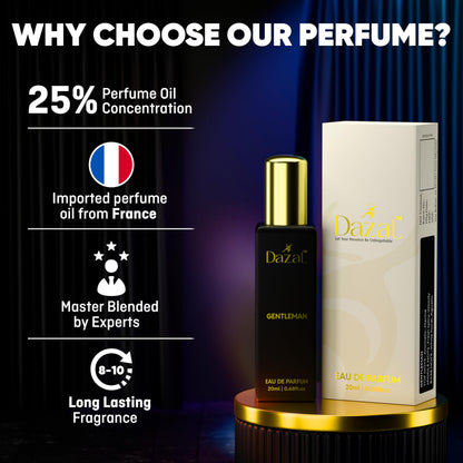DAZAL Gentleman Eau de Parfum for Men, 80g, Citrus & Aquatic Notes, Long-Lasting, Black Bottle with Gold Accents - front view